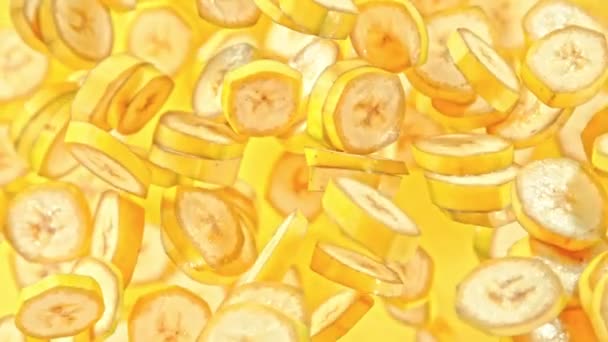 Super Slow Motion Shot Fresh Banana Slices Yellow Background Flying — Vídeo de Stock