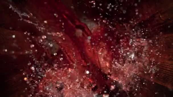 Super Slow Motion Shot Pouring Red Wine Old Oak Wooden — Stock Video