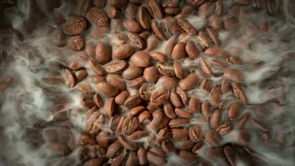 Super Slow Motion Shot Roasting Fresh Coffee Beans Smoke Effect — Vídeo de stock