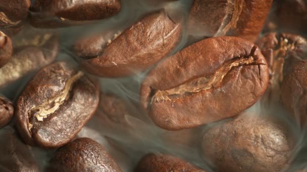 Super Slow Motion Macro Shot Roasting Fresh Coffee Beans Smoke — Stock Video