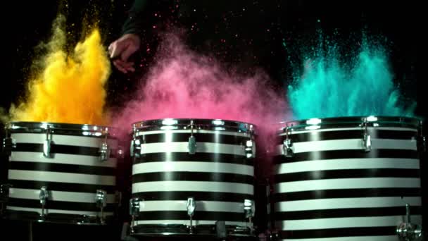 Super Slow Motion Shot Drum Hit Color Powder Explosion 1000 — Stock Video