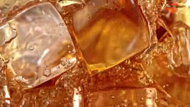 Super Slow Motion Detail Shot Pouring Cola Lemonade Glass Ice — Stock Video