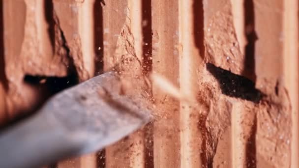 Super Slow Motion Detail Shot Brick Wall Demolition Jackhammer Przy — Wideo stockowe