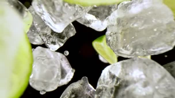 Super Slow Motion Shot Van Limoenschijfjes Ijsblokjes Vallen Zwarte Achtergrond — Stockvideo