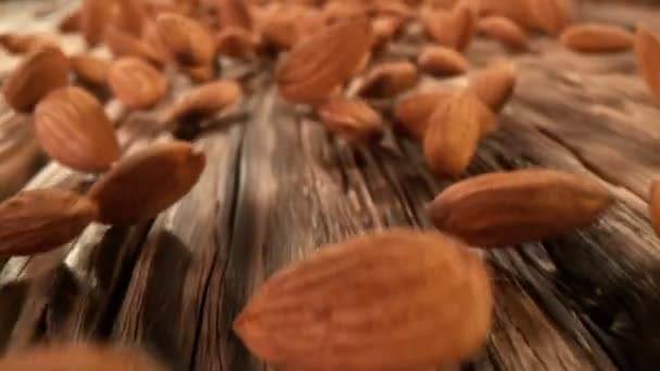 Super Slow Motion Detail Shot Coffee Beans Rolling Wooden Background — Stock video