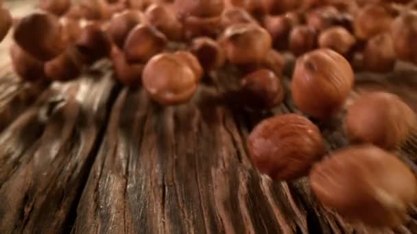 Super Slow Motion Detail Shot Hazelnuts Rolling Wooden Background 1000Fps — Stock video
