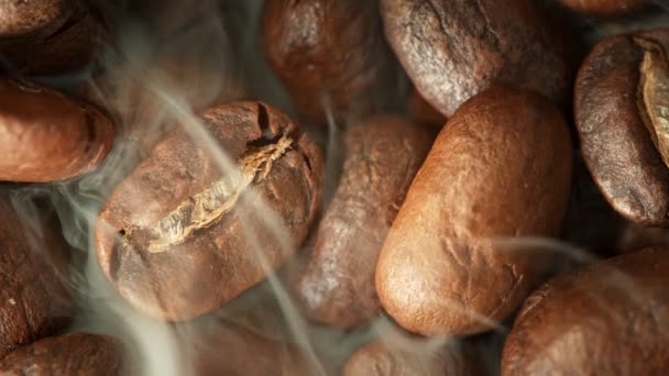 Super Slow Motion Macro Shot Roasting Fresh Coffee Beans Smoke — Vídeo de stock