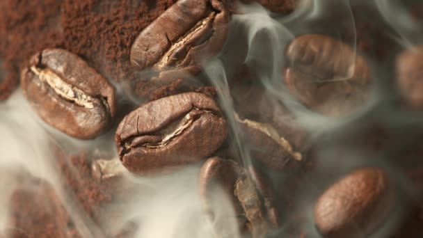 Super Slow Motion Macro Shot Roasting Fresh Coffee Beans Smoke — Αρχείο Βίντεο