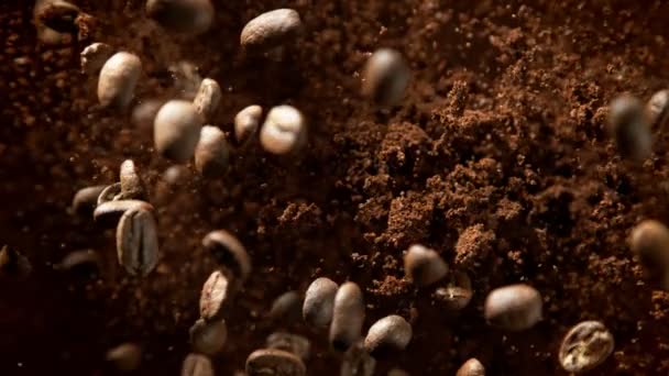 Super Slow Motion Shot Ground Coffee Fresh Beans Explosion Camera — Wideo stockowe