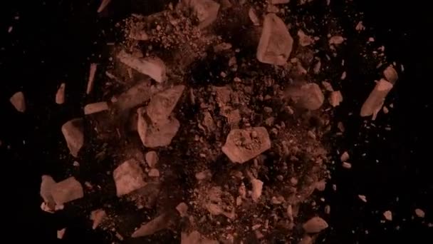 Super Slow Motion Shot Rotating Chocolate Chunks Cocoa Powder Explosion — Vídeo de Stock