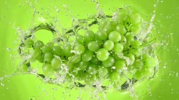 Super Slow Motion Shot Fresh Green Grape Wine Falling Water — Video