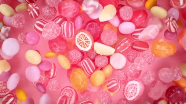 Super Slow Motion Shot Sweet Colorful Candies Flying Dan Rotating — Stok Video