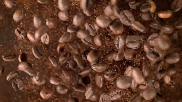 Super Slow Motion Shot Ground Coffee Beans Explosion Camera Rotation — Video