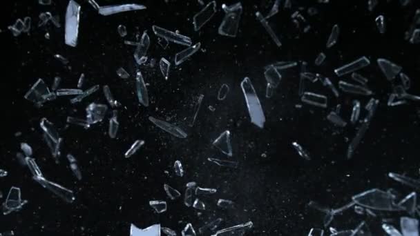 Super Slow Motion Shot Shattering Glass Shards Flying Camera Black — Stock Video