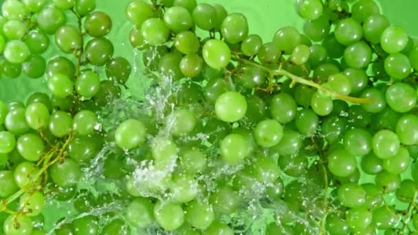 Super Slow Motion Shot Fresh Green Grapes Falling Water Green — Wideo stockowe
