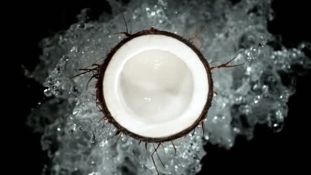 Super Slow Motion Shot Fresh Cutted Coconut Water Splash Isolated — Wideo stockowe