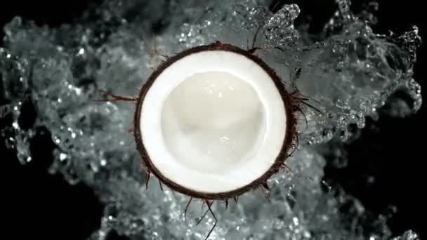 超慢速运动的新鲜切碎椰子和水飞溅分离的黑色在1000Fps 以4K高速电影摄影机拍摄 — 图库视频影像