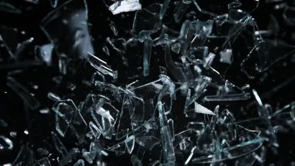 Super Slow Motion Shot Glass Shards Flying Camera Isolated Black — Stock Video