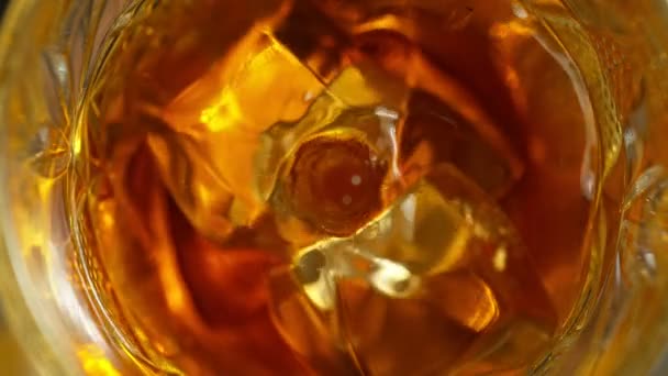 Super Slow Motion Detail Shot Drop Falling Glass Whiskey Ice — Stockvideo