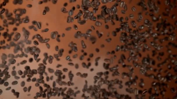 Super Slow Motion Shot Coffee Beans Smoke Flying Camera Brown — Stock videók