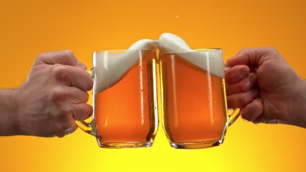 Super Slow Motion Shot Beer Glasses Cheering Orange Gradient Background — Stock Video