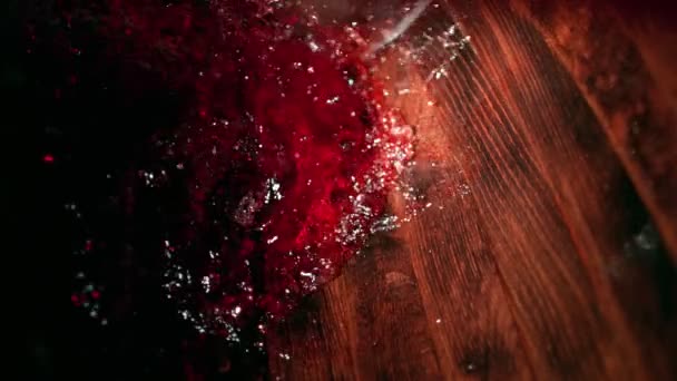Super Slow Motion Detail Shot Splashing Red Wine Wooden Barrel — Stock Video