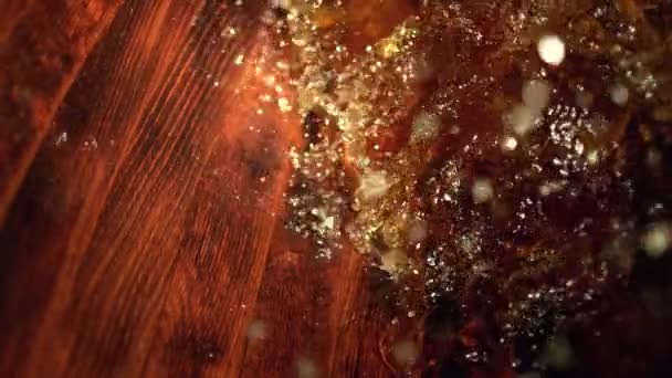 Super Slow Motion Detail Shot Splashing Whiskey Old Oak Barrel — Stockvideo