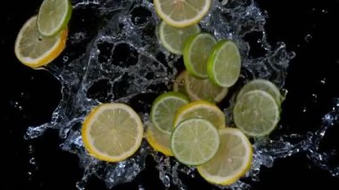 Super slow motion shot of rotating exploded Lemon and lime slices with splashing water at 1000fps. Filmed on high speed cinema camera.