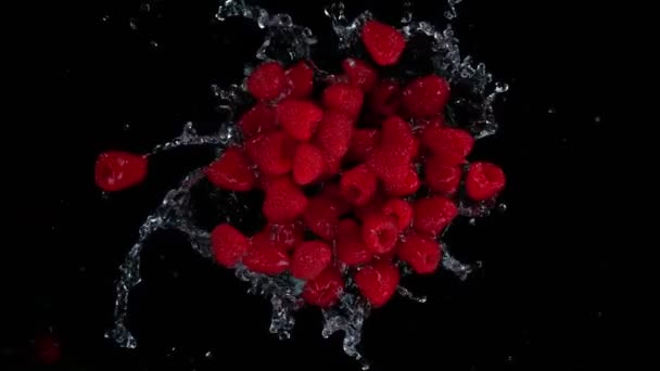 Super Pomalý Záběr Rotující Explodovaly Čerstvé Maliny Stříkající Vodou Černou — Stock video