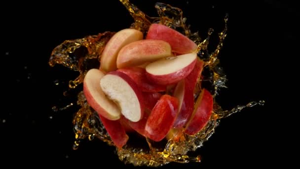 Super Slow Motion Shot Rotating Exploded Red Apple Cuts Splashing — Stock Video