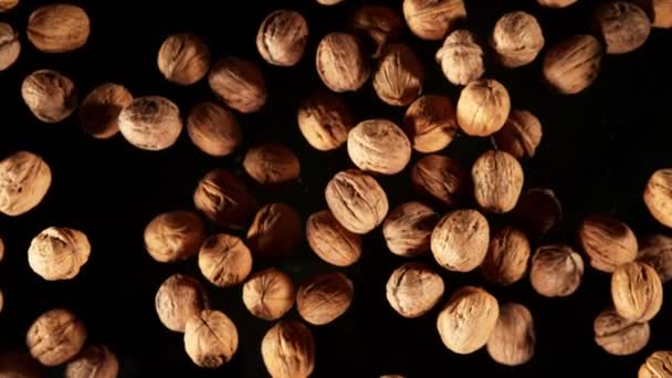 Super Slow Motion Shot Flying Whole Walnuts Camera Isolated Black — Stockvideo