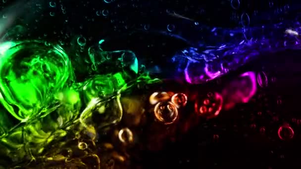 Super Slow Motion Shot Moving Bright Colorful Oil Bubbles Black — Stock Video
