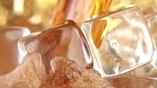 Super Slow Motion Detail Shot Pouring Cola Lemonade Glass Ice — Αρχείο Βίντεο
