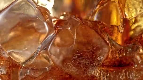 Super Slow Motion Detail Shot Pouring Cola Lemonade Glass Ice — Αρχείο Βίντεο