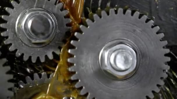 Super Slow Motion Detail Shot Gear Mechanism Oil Dark Background — Αρχείο Βίντεο