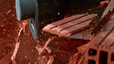 Super Slow Motion Detail Shot of Smashing Brick with Sledgehammer at 1000fps. Filmed with High Speed Cinema Camera in 4K resolution.