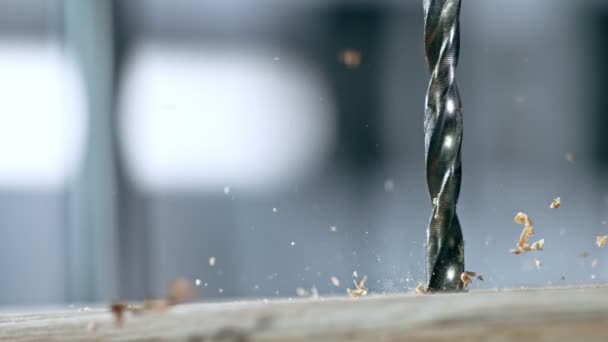 Super Slow Motion Detail Shot Drilling Wood 1000 Fps Filmed — Stock Video