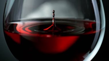 Super Slow Motion Shot of Wine Drop Falling into Red Wine in Glass at 1000fps. Filmed on High Speed Cinema Camera in 4K.