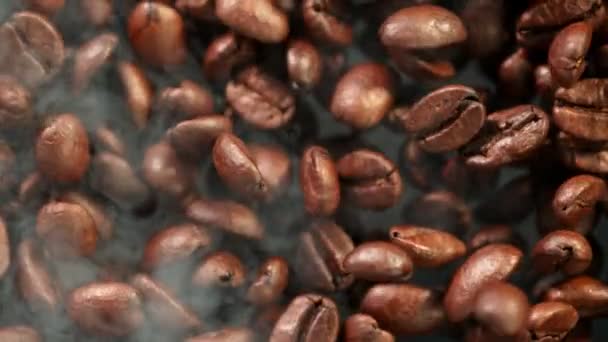 Super Slow Motion Detail Shot Coffee Beans Smoke Background 1000Fps — Stok video