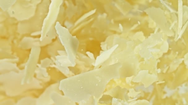 Super Slow Motion Detail Shot Flying Parmesan Shavings 1000 Fps — Vídeos de Stock