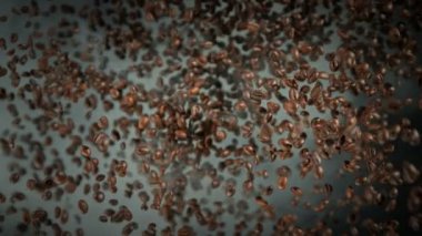 Süper Yavaş Çekim Taze Kahve Fasulyeleri Karanlık Arkaplan 'daki Kameraya doğru uçuyor. 4K 'da Yüksek Hız Sinema Kamerası ile çekildi..