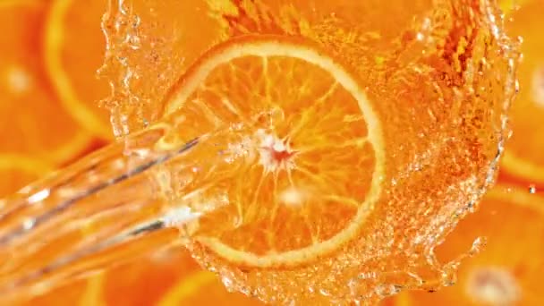 Super Slow Motion Shot Spring Water Rotating Orange Slice 1000Fps — стоковое видео