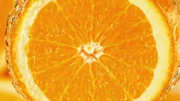 Super Slow Motion Shot Spring Water Rotating Orange Slice 1000Fps — стоковое видео