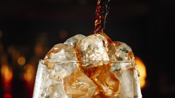 Super Slow Motion Shot Pouring Fresh Cola Lemonade Ice Cubes — Stock Video