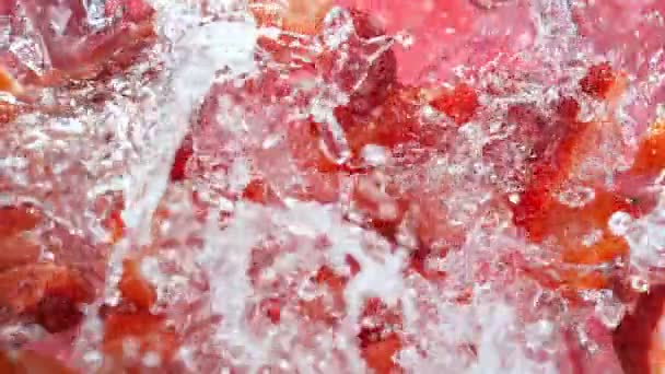 新鮮なイチゴの超スローモーションショット1000 Fpsで水の毛に落ちます 4Kで高速シネマカメラで撮影 — ストック動画
