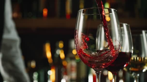 Super Slow Motion Shot Pooring Red Wine Glass Bar Camera — стоковое видео