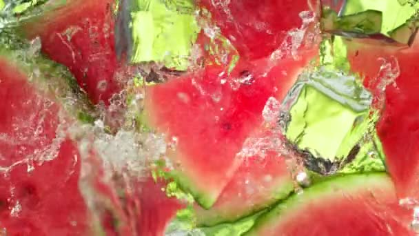 Super Slow Motion Shot Water Wave Splashing Watermelon Slices Ice — Stock Video