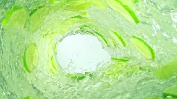 Super Slow Motion Shot Lime Slices Και Νερό Περιστρεφόμενο Κύμα — Αρχείο Βίντεο