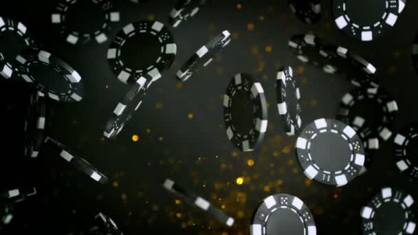 Super Slow Motion Shot Von Casino Chips Und Golden Particles — Stockvideo