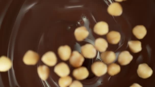 1000 Fps의 스윙링 초콜릿에 떨어지는 껍질을 헤이즐넛의 슬로우 시네마 카메라로 — 비디오